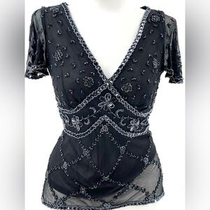 Adrianna Papell Boutique Vintage Black Silk Beaded V Neck Short Sleeve Top Sz L